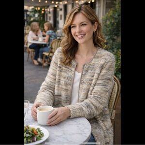 Calvin Klein Eyelash Knit Open Cardigan Faux Suede Trim Neutral Sweater